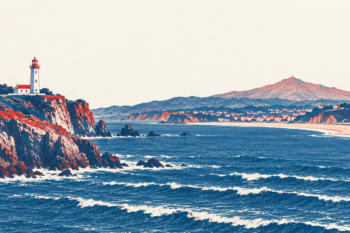 Illustration de la côte basque : falaises, phare, longue baie et montagne de la Rhune au loin